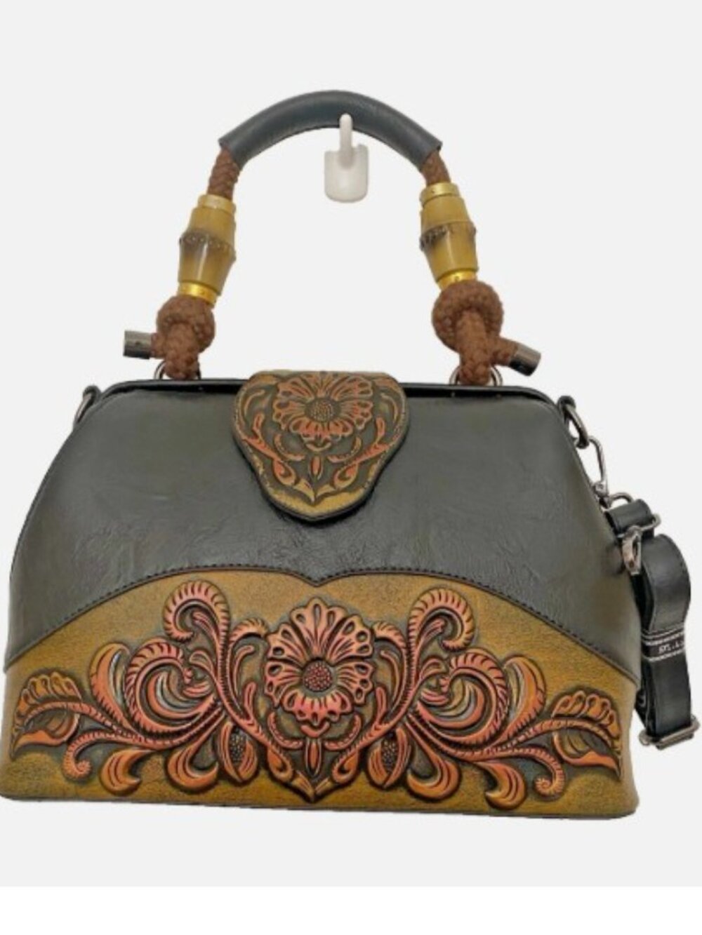 XIN SHU Tooled Leather Crossbody Satchel Handbag Brown & Black